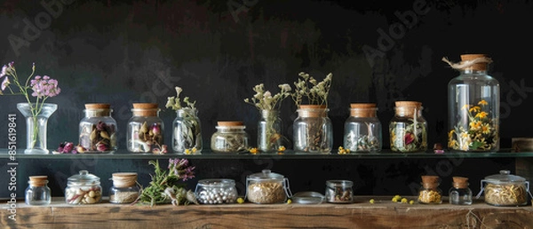 Fototapeta A rustic arrangement of various dried flowers in glass jars lined on a wooden shelf against a dark background.