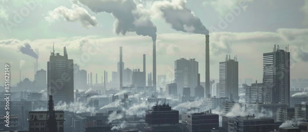 Fototapeta A sprawling industrial cityscape with multiple factory chimneys releasing thick smoke into the hazy sky, symbolizing urban pollution and industrialization.