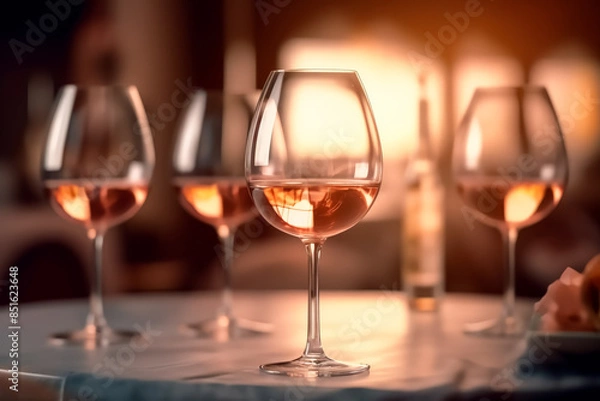 Fototapeta Four wine glasses are on a table with a bottle of wine. Scene is relaxed and social, as the glasses are likely being shared among friends or family