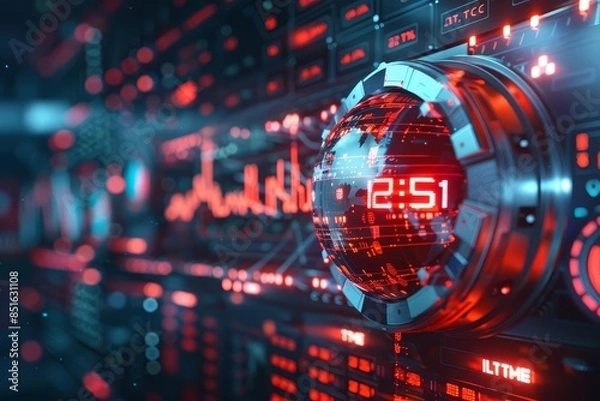 Fototapeta Timebomb ticking with holographic financial graphs, red warning lights, hightech interface, futuristic, art