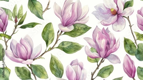 Fototapeta Elegant magnolia blooms and leaves seamless pattern design