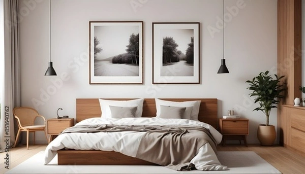 Obraz Frame mockup in modern bedroom with empty poster frame 