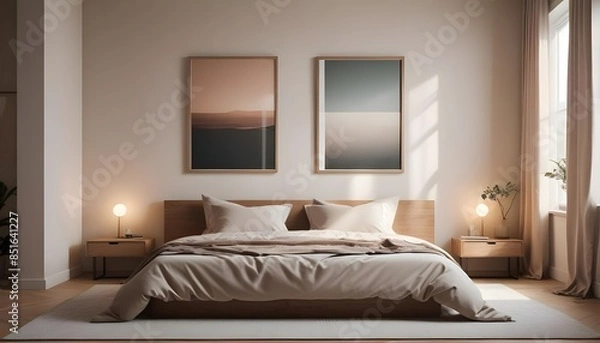 Obraz Frame mockup in modern bedroom with empty poster frame 
