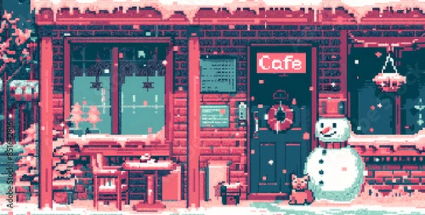 Fototapeta 8bits pixel art of an old coffee shop in the snow in the style of retro game style