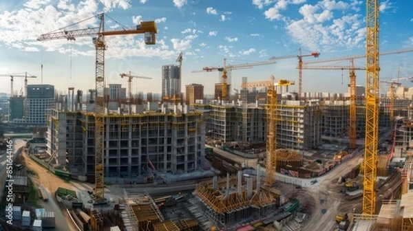 Fototapeta panoramic view of a construction site with multiple cranes and buildings at various stages of completion
