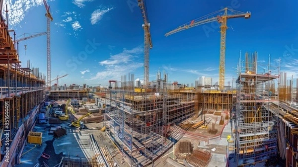Fototapeta panoramic view of a large construction site, showing cranes, scaffolding, and building frames