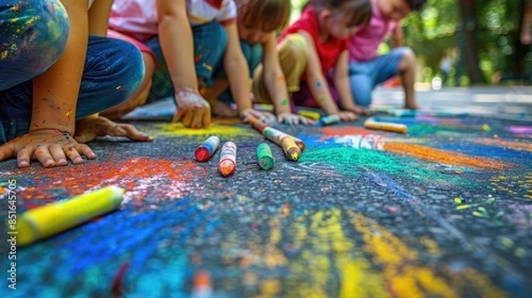 Fototapeta Children creating colorful chalk drawings on the sidewalk, showcasing creativity, teamwork, and fun in a vibrant and playful outdoor setting