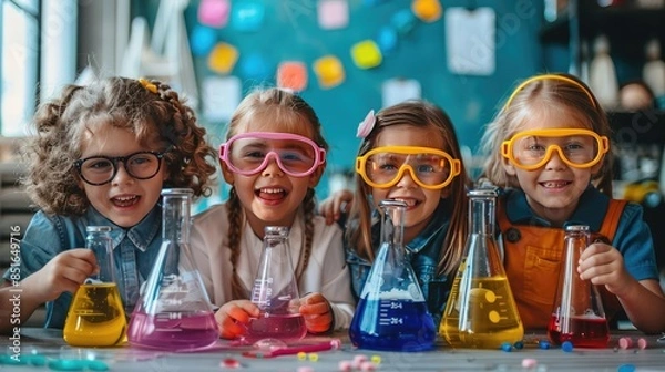 Fototapeta Children excitedly experimenting with colorful liquids and beakers, enjoying a fun and educational science activity together