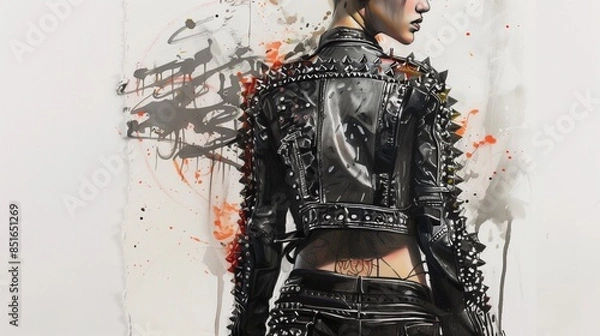 Fototapeta a drawing of model figure with Edgy punk fashion with lots of leather and studs outfi