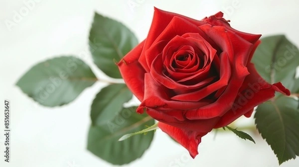 Fototapeta A beautiful red rose in full bloom, set against a clean white background, with each petal and leaf clearly defined and captured in high resolution