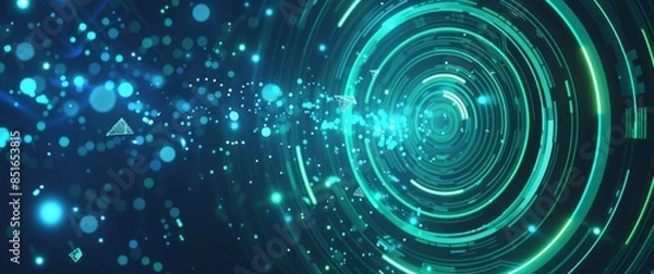 Fototapeta Blue background with glowing green lines and circles, futuristic design