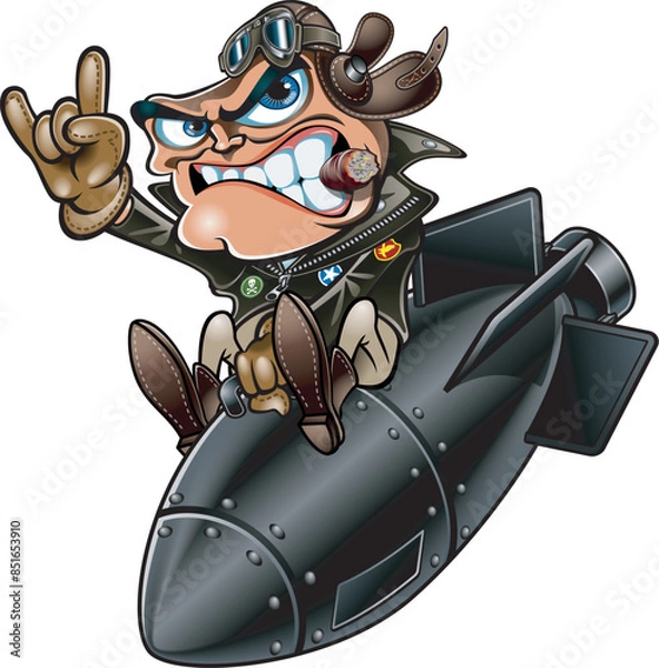Fototapeta vector illustration of aviator riding on a falling air bomb 