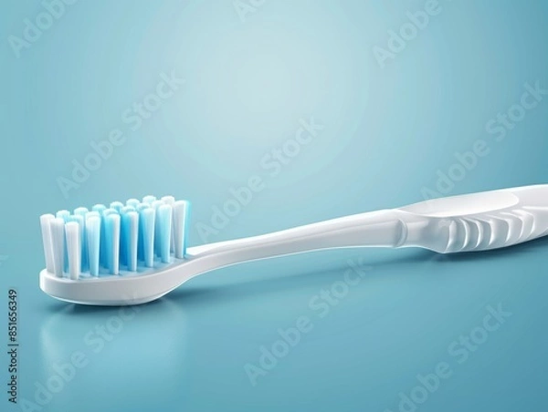 Fototapeta Close-up of a White Toothbrush with Blue Bristles on a Light Blue Background