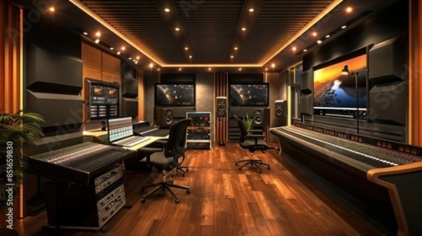 Fototapeta Plans for a state-of-the-art music recording studio with soundproof rooms and advanced equipment