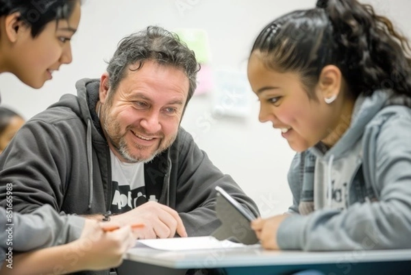 Fototapeta A man is teaching a child how to use a tablet