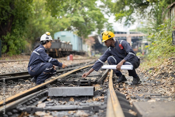 Fototapeta Railway Workers Discussing Plans on Railroad Track