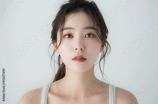 Obraz Beautiful Chinese woman wearing a light gray tank top facing the camera in front of a white background in the style of