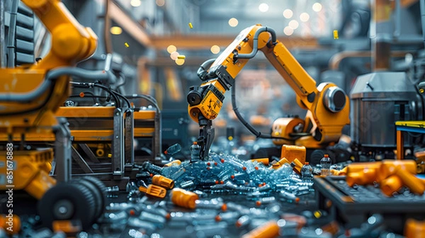 Fototapeta A robot arm is picking up plastic bottles in an industrial factory. with other machines and robots that work in different recycling stages