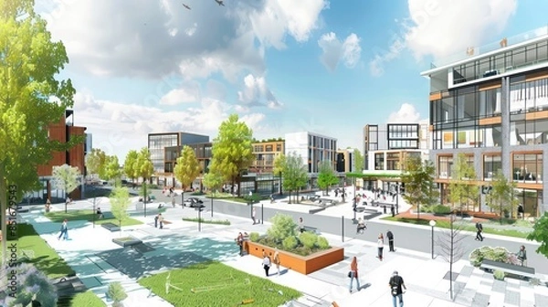 Fototapeta Blueprints of a modern urban redevelopment project with mixed-use buildings and green spaces