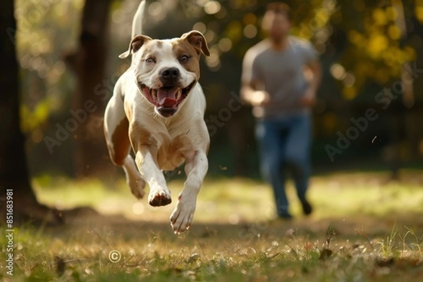 Fototapeta A dog is running in a park with people watching