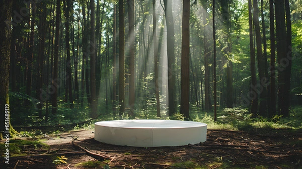 Obraz Enchanted Forest Podium - White Circular Platform Surrounded by Tall Trees and Sunlight Filtering Through Leaves