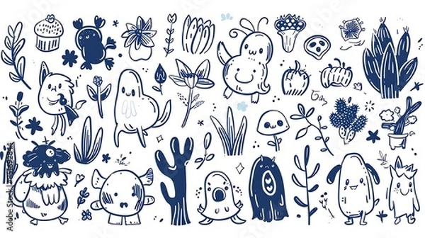 Obraz Whimsical Forest Creatures and Plants in Doodle-Style Illustration