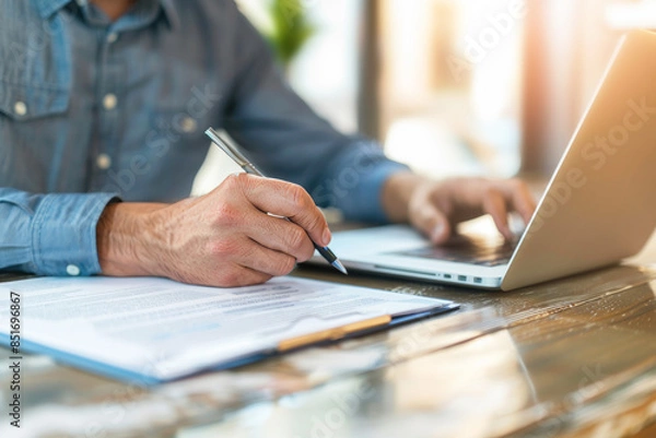 Obraz Close up of businessman working on laptop and taking notes in office