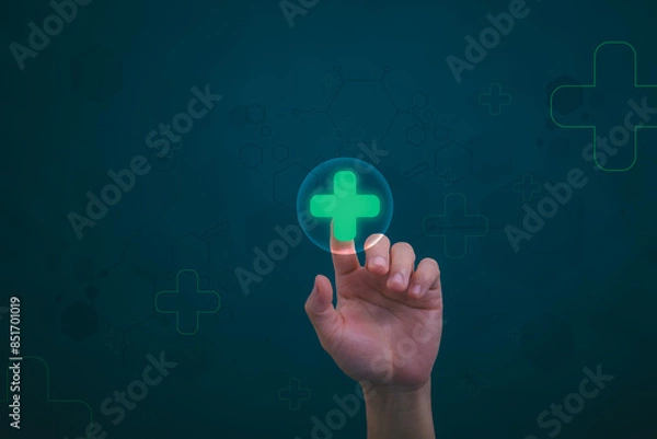 Fototapeta Businessman showing a symbol or icon related to health insurance or healthcare. Concepts for developing and accessing care anywhere, anytime, doing business related to the hospital business