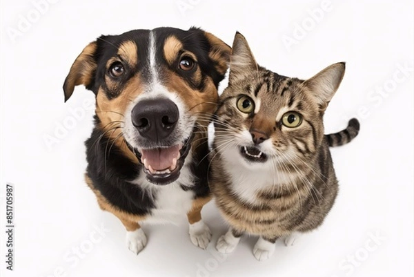 Fototapeta Portrait of happy and surprised dog and cat sit on the floor, looking at the camera together, isolated on transparent background