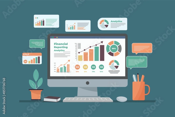 Fototapeta Computer Monitor displays financial reporting infographics, including various charts, stock growth, and messages on the screen. Flat vector illustration