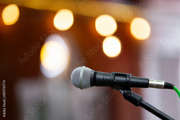 Obraz Close-up of microphone on stand against warm bokeh lighting 