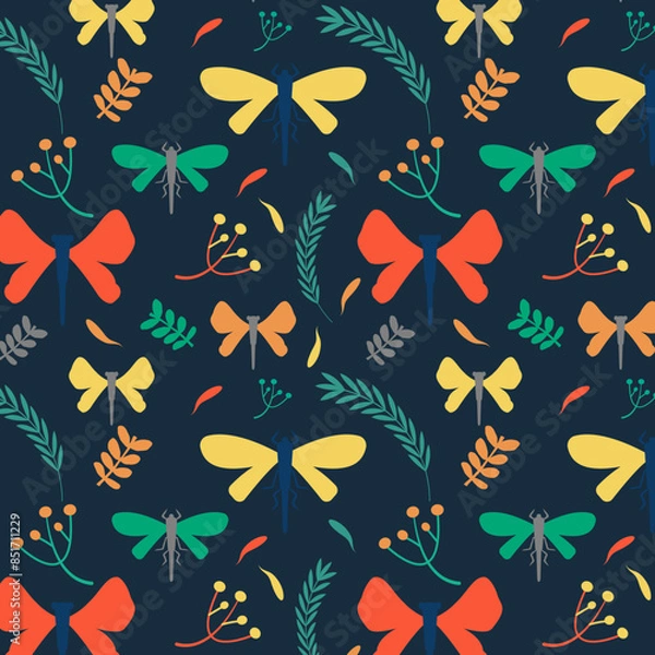 Obraz Seamless floral insects pattern flat background. Colorful vector illustration