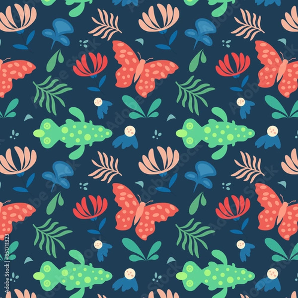 Obraz Plants with bug repeated pattern background. Trendy modern illustration