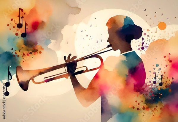 Fototapeta A colorful watercolor painting of a person playing the trumpet, with musical notes and abstract splashes of color in the background. International Music Day.
