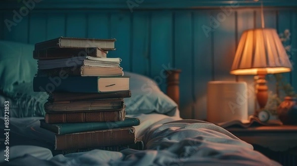 Fototapeta Frontal Angle, stack of books on a bedside table as part of a bedtime routine, relaxation, photorealistic masterpiece, professional photography, professional color grading, cinemat