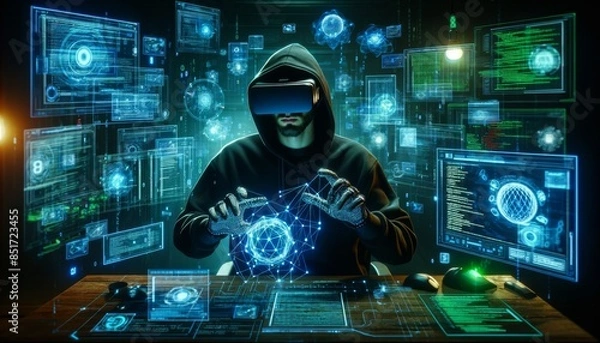 Obraz A futuristic hacking scene featuring a hacker wearing a virtual reality headset, surrounded by floating digital data streams in a dark, immersive envi.