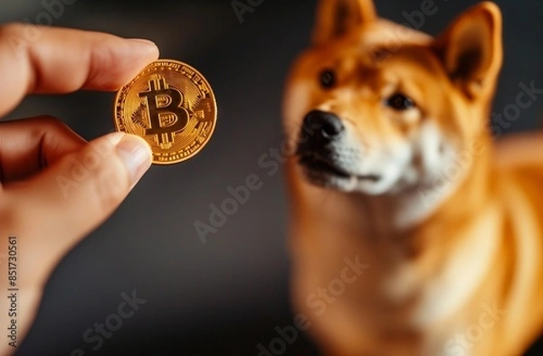 Fototapeta Hand Holding Bitcoin Coin with Shiba Inu Dog.