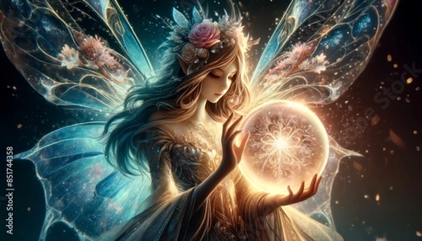 Fototapeta A detailed, close-up image of a fairy holding a glowing crystal ball, her wings shimmering in the light it emits.