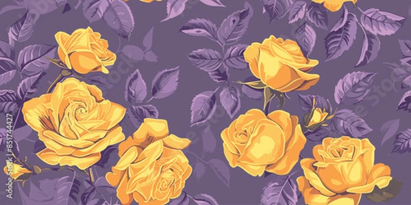 Fototapeta Seamless floral pattern with yellow roses flowers violet background. Abstract trendy spring, summer print dress pattern. Beautiful multicolored floral motif. Hand drawn wildflowers flat illustration