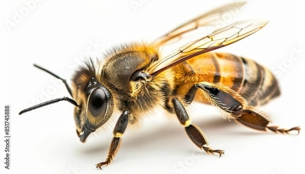 Fototapeta honey bee walking on white isolated background macro insect cutout illustration