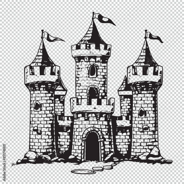 Fototapeta Cartoon castle design, black vector illustration on transparent background