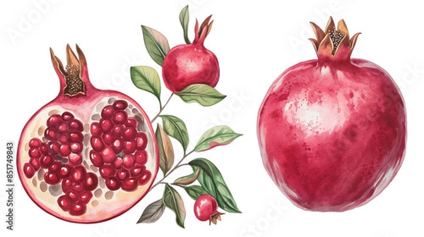 Fototapeta Pomegranate isolated on transparent background, old botanical illustration, pomegranate fruit 