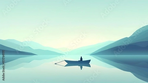 Fototapeta Silhouette of a person in a boat on a calm lake with mountains in the background.