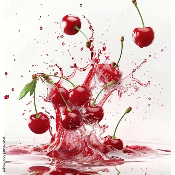 Fototapeta Fresh cherries with a dynamic splash of juice against a solid backdrop, symbolizing freshness, taste, and the juicy essence of the fruit