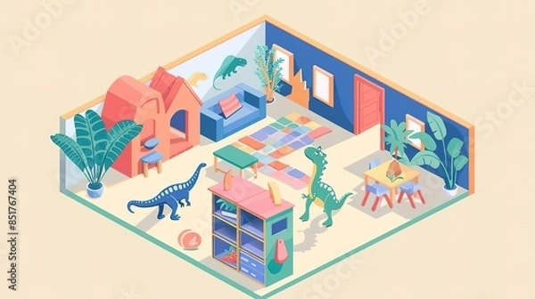 Fototapeta Colorful isometric illustration of a playful and cozy kids room.