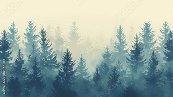 Fototapeta Misty landscape with fir forest in vintage retro style.