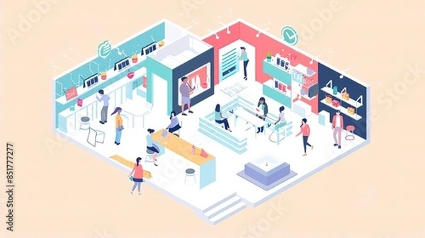 Fototapeta Isometric illustration of a busy office space with people working and collaborating.