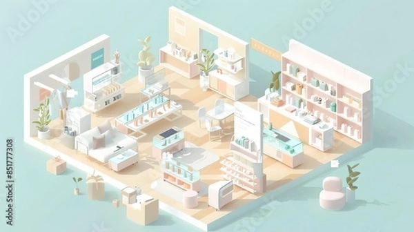 Fototapeta Isometric illustration of a modern retail store interior with shelves, products, and digital displays.