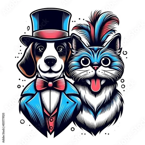 Fototapeta A dog design drawing graphic and cat design drawing graphic wearing a suit and hat creative highquality engaging vector.