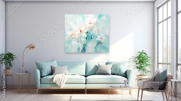 Fototapeta A delicate blend of pastel blues and greens with soft brushstrokes, symbolizing peace and renewal, Abstract, Calming